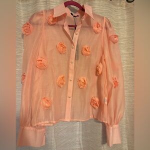 NWT Rose Sheer Blouse With Pearl Accents